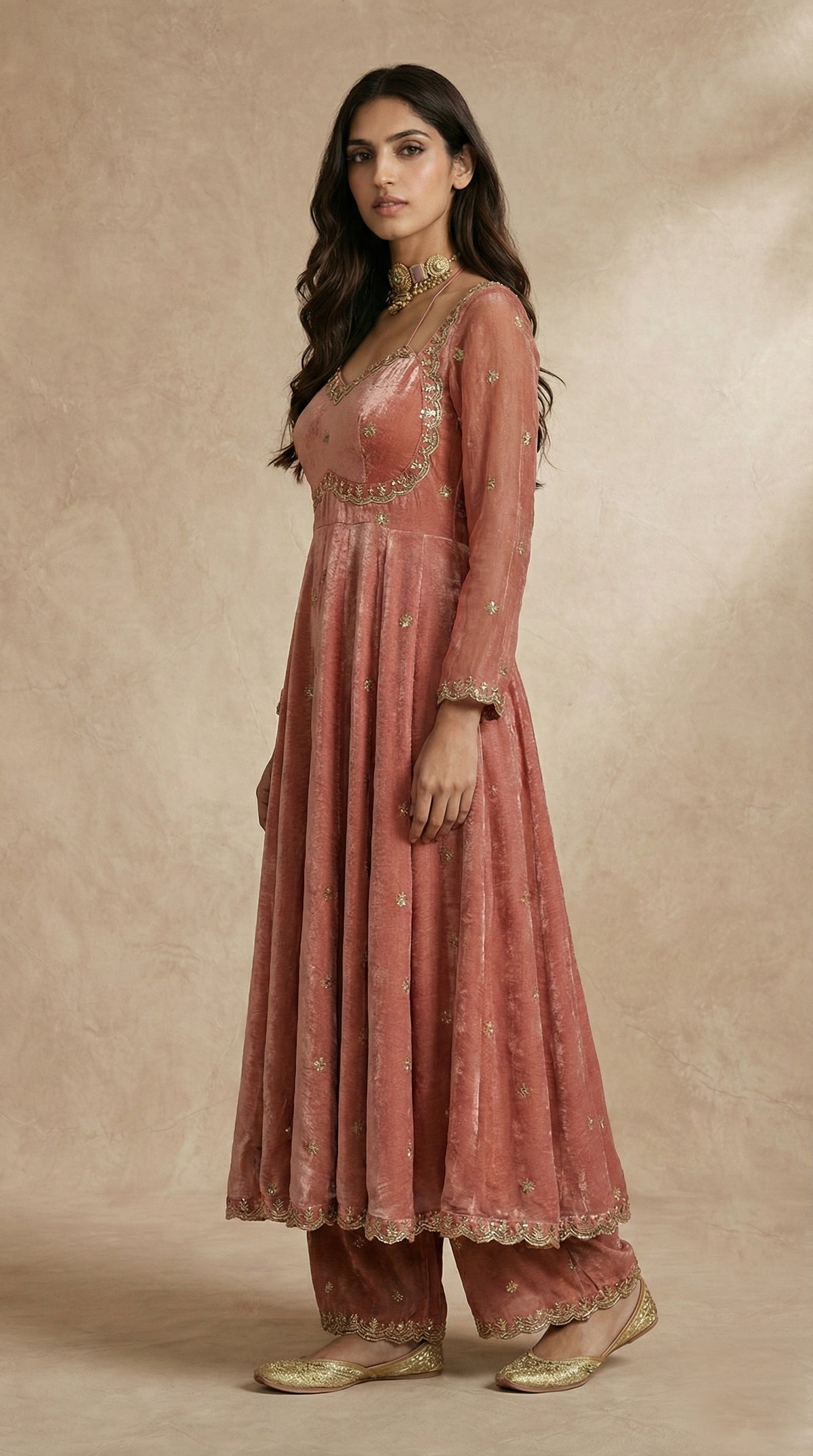 RUHANI dusty rose anarkali set with gold floral butis by Neha Sharma Label, festive wear.