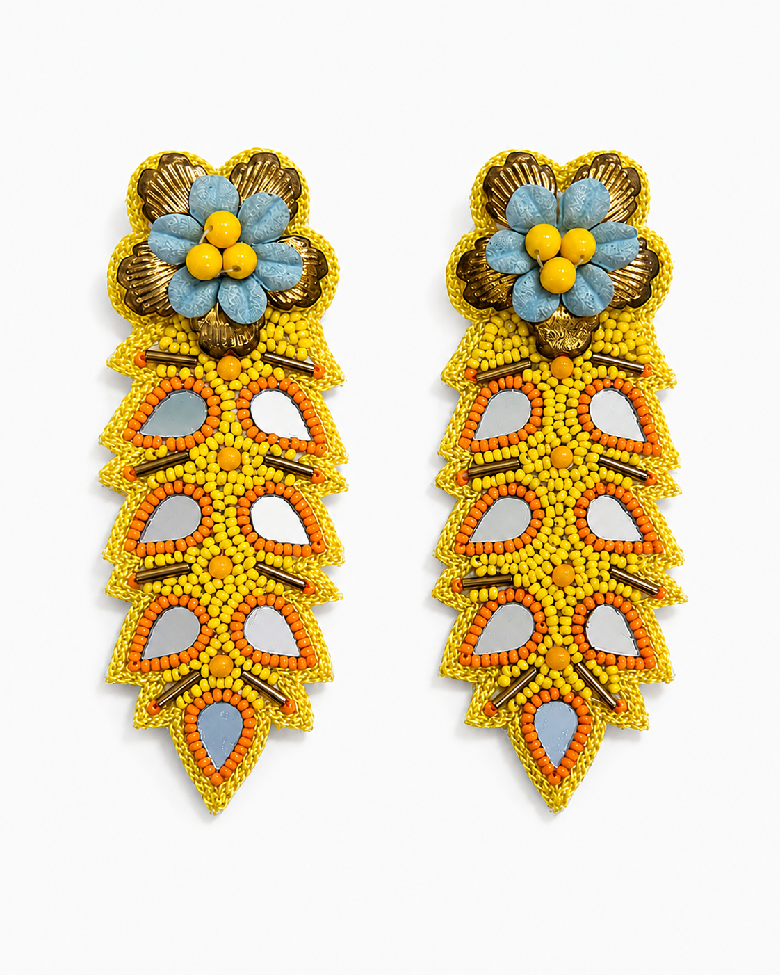 MANGO POP - Yellow Mirror Work Leaf Drop Earrings