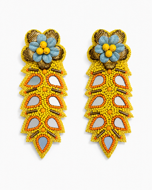 MANGO POP - Yellow Mirror Work Leaf Drop Earrings