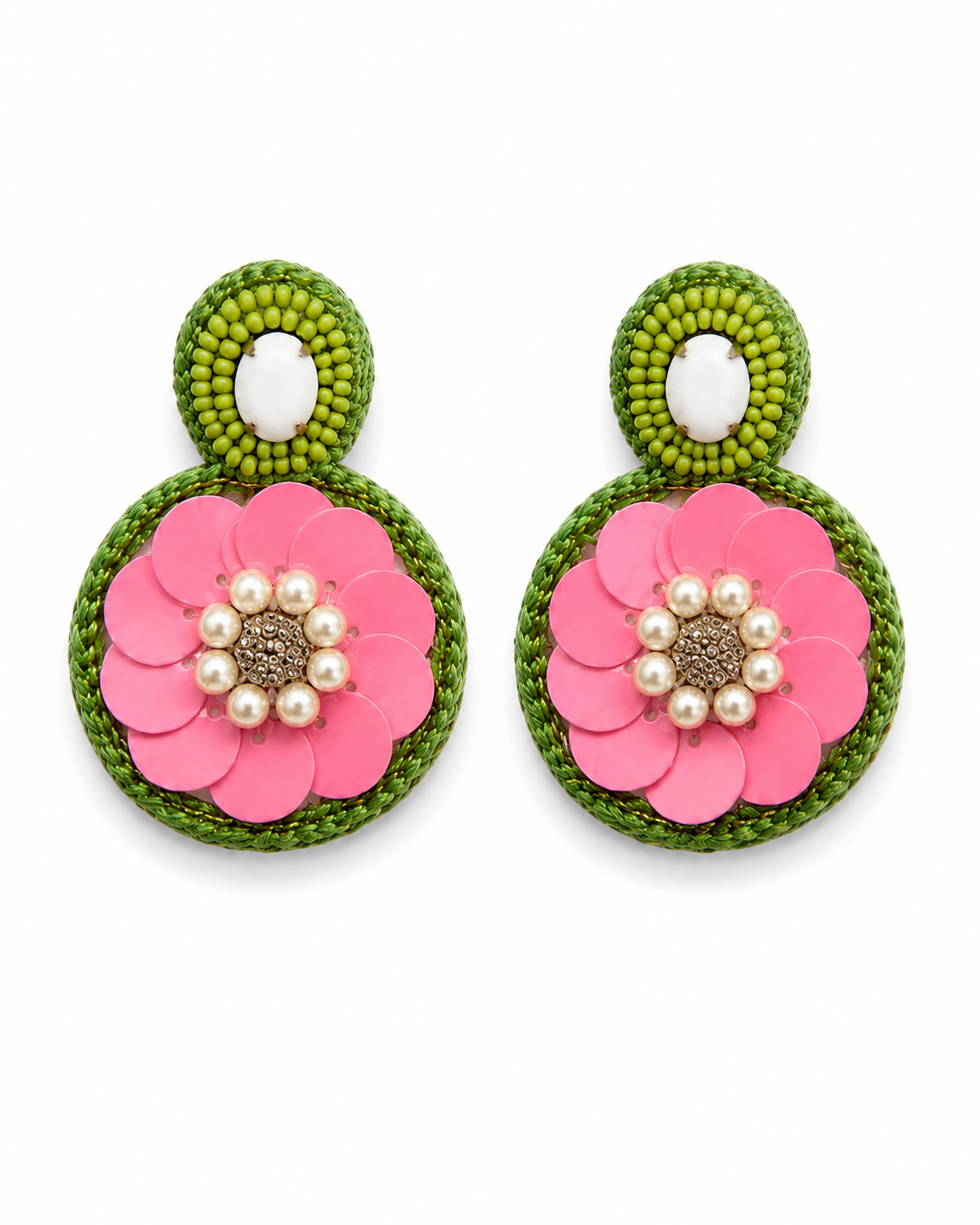 GUAVA POP - Pink and Green Sequin Flower Drop Earrings