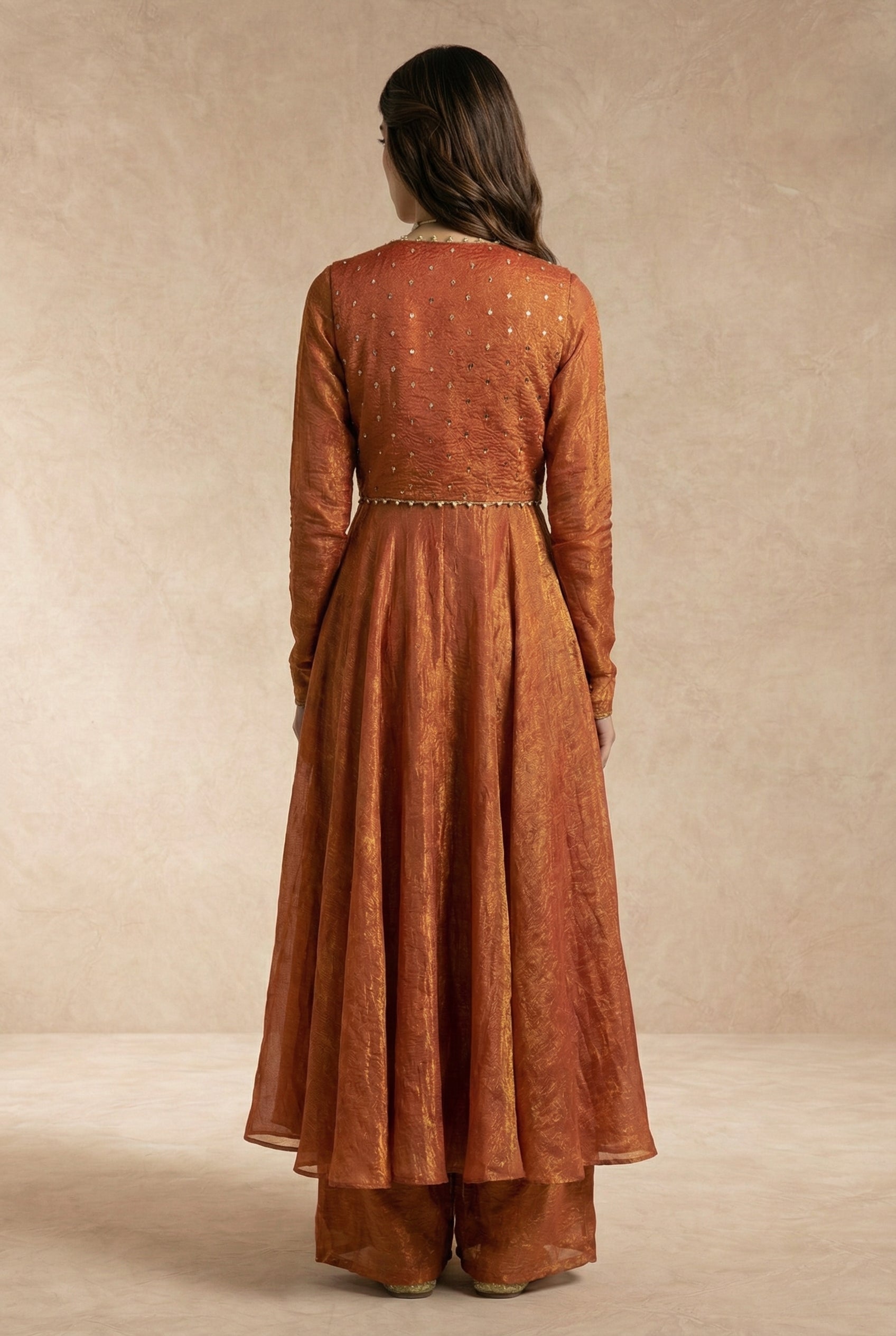 AMAIRA terracotta crushed silk four-piece anarkali set by Neha Sharma Label, festive wear.