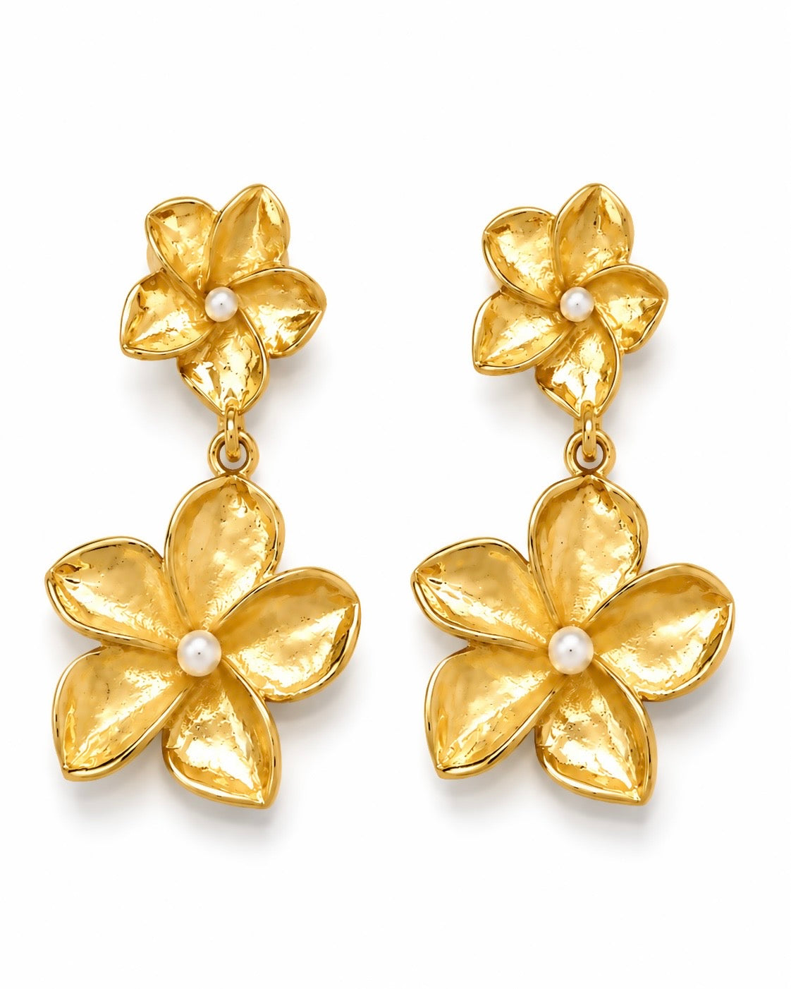 ARALIYA gold-tone frangipani flower drop earrings by Neha Sharma Label, front view