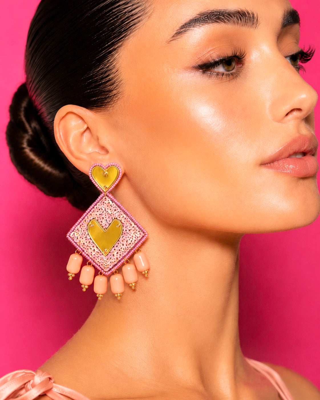 PEACH BONBON - Sequin Heart Drop Earrings