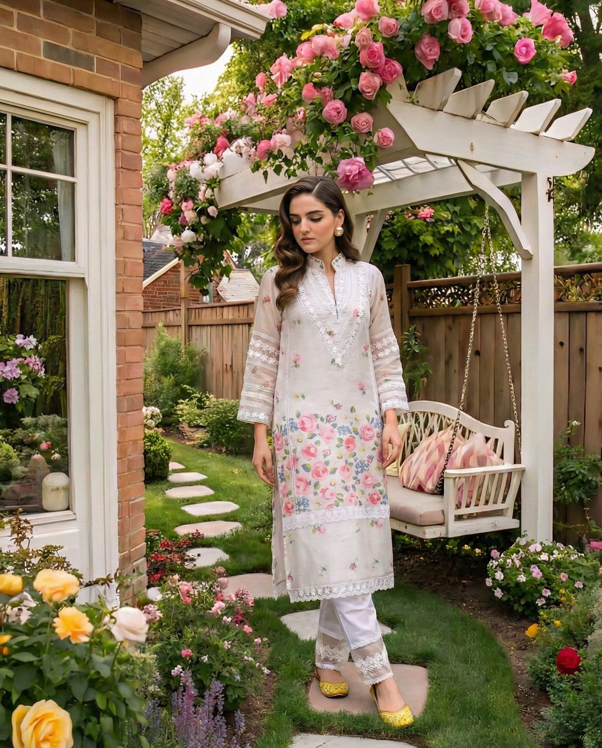 NOOREEN ivory cotton kurta with lace-edged mandarin collar and floral print by Neha Sharma Label.