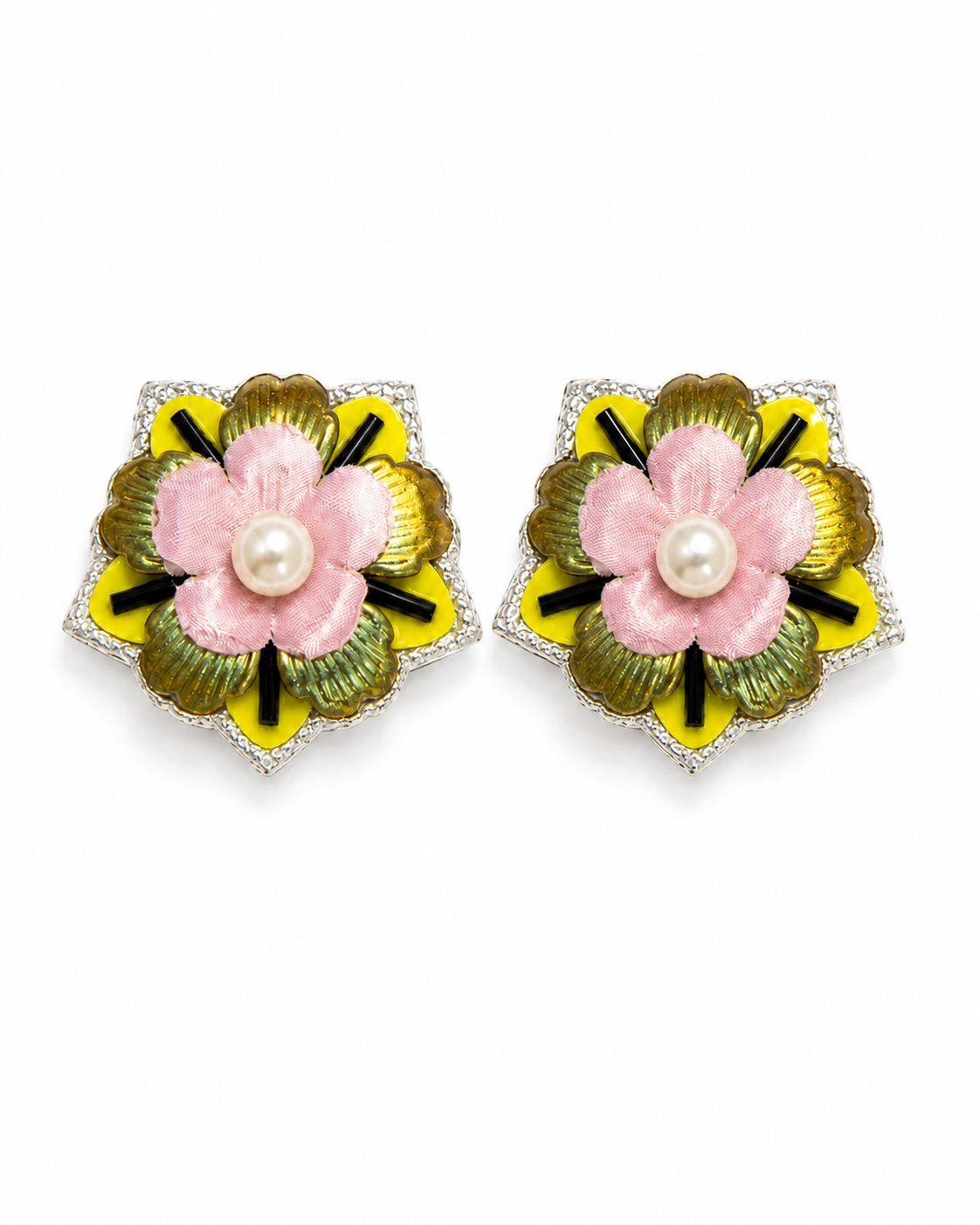 CUPCAKE - Pink and Yellow Flower Stud Earrings