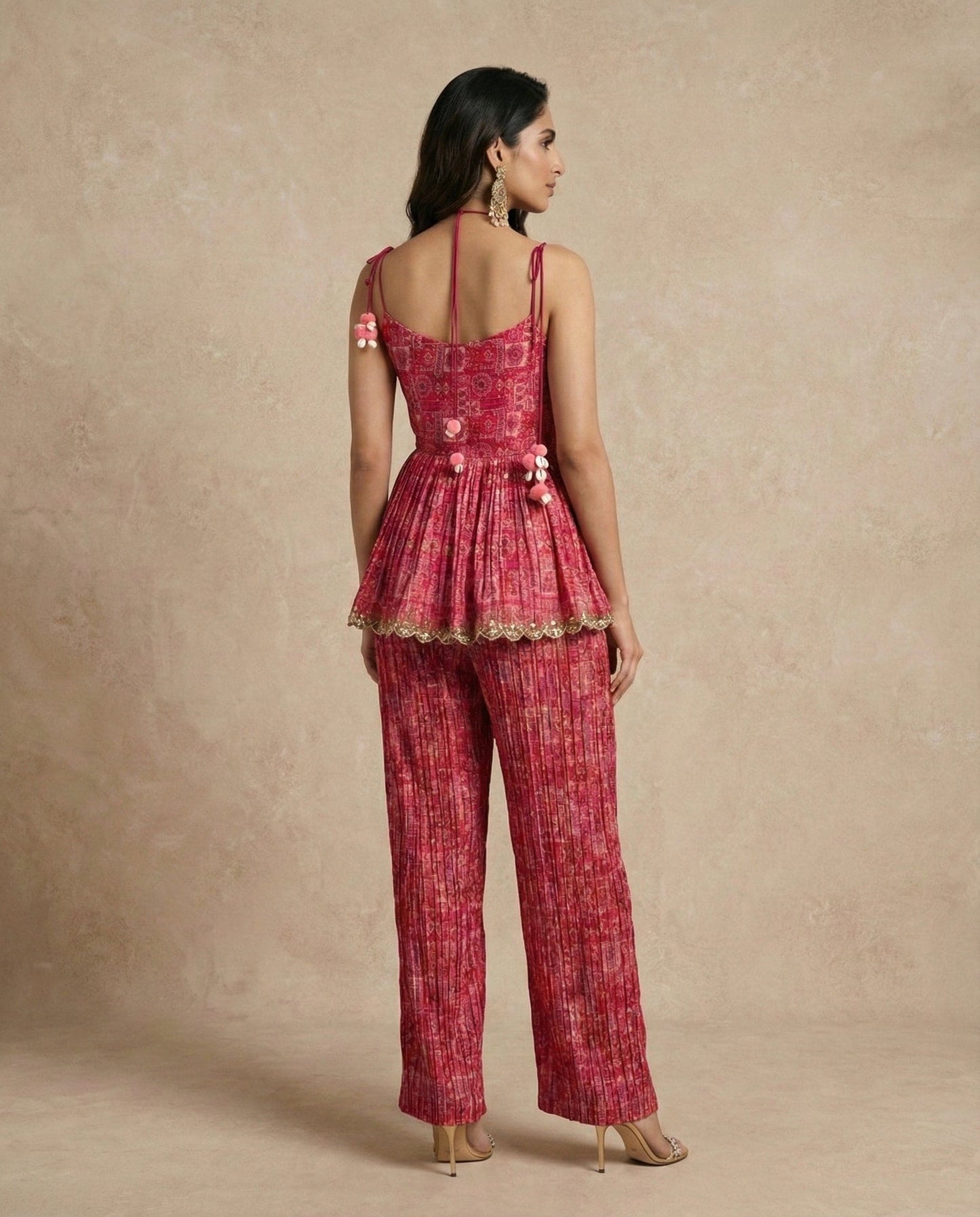 FALAK rosewood patchwork printed silk set with wide-leg pants by Neha Sharma Label.