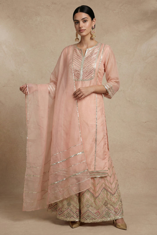 Neha Sharma Label ZEENAT peach organza sharara set, front view with the sheer dupatta draped over one shoulder.