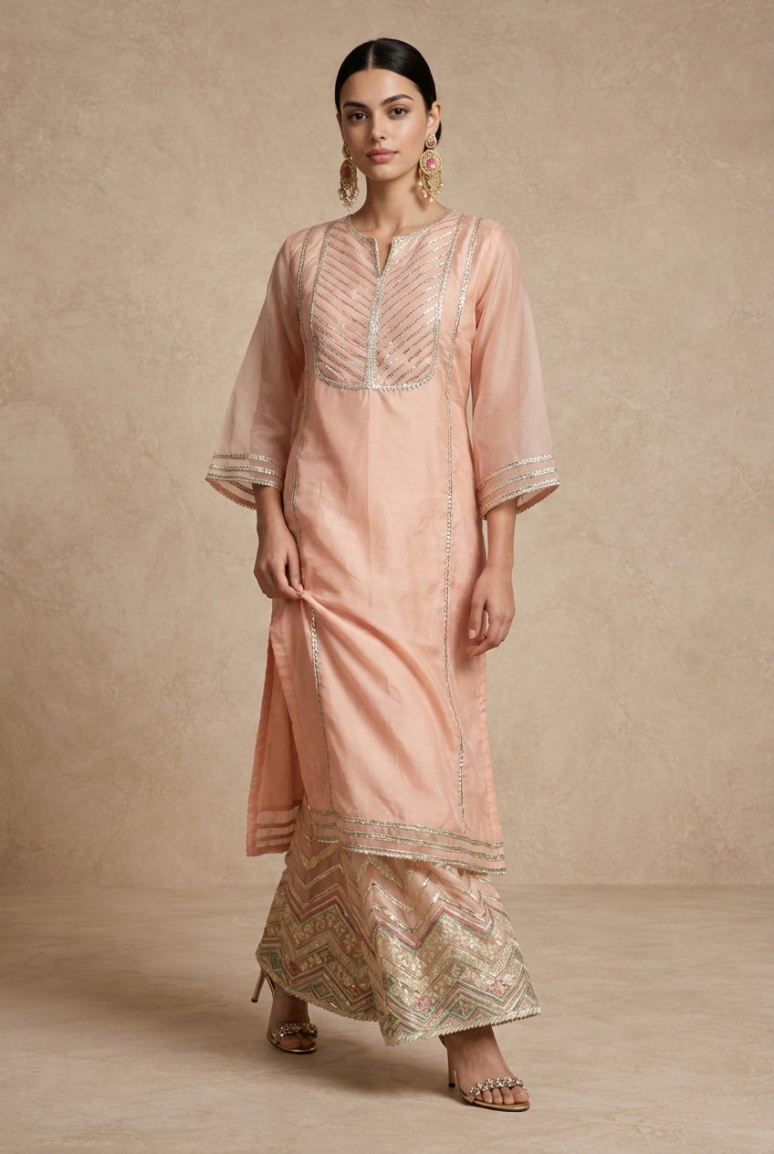 Detail of ZEENAT's peach organza with gota-line embroidery.