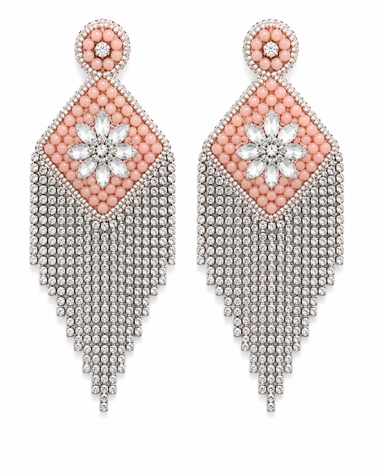 Neha Sharma Label Crystal Candy blush beaded chandelier earrings with graduated stone fringe.