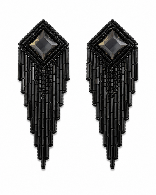 Neha Sharma Label Midnight Mousse black beaded fringe earrings with faceted smoke-grey stone.