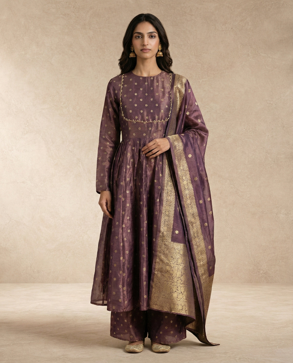 Neha Sharma Label ANAYA mauve banarasi silk anarkali set with woven gold butis and zari dupatta.