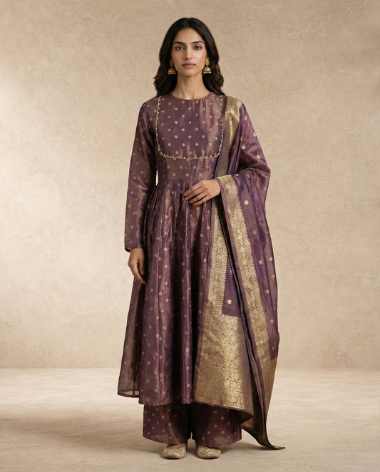 Neha Sharma Label ANAYA mauve banarasi silk anarkali set with woven gold butis and zari dupatta.