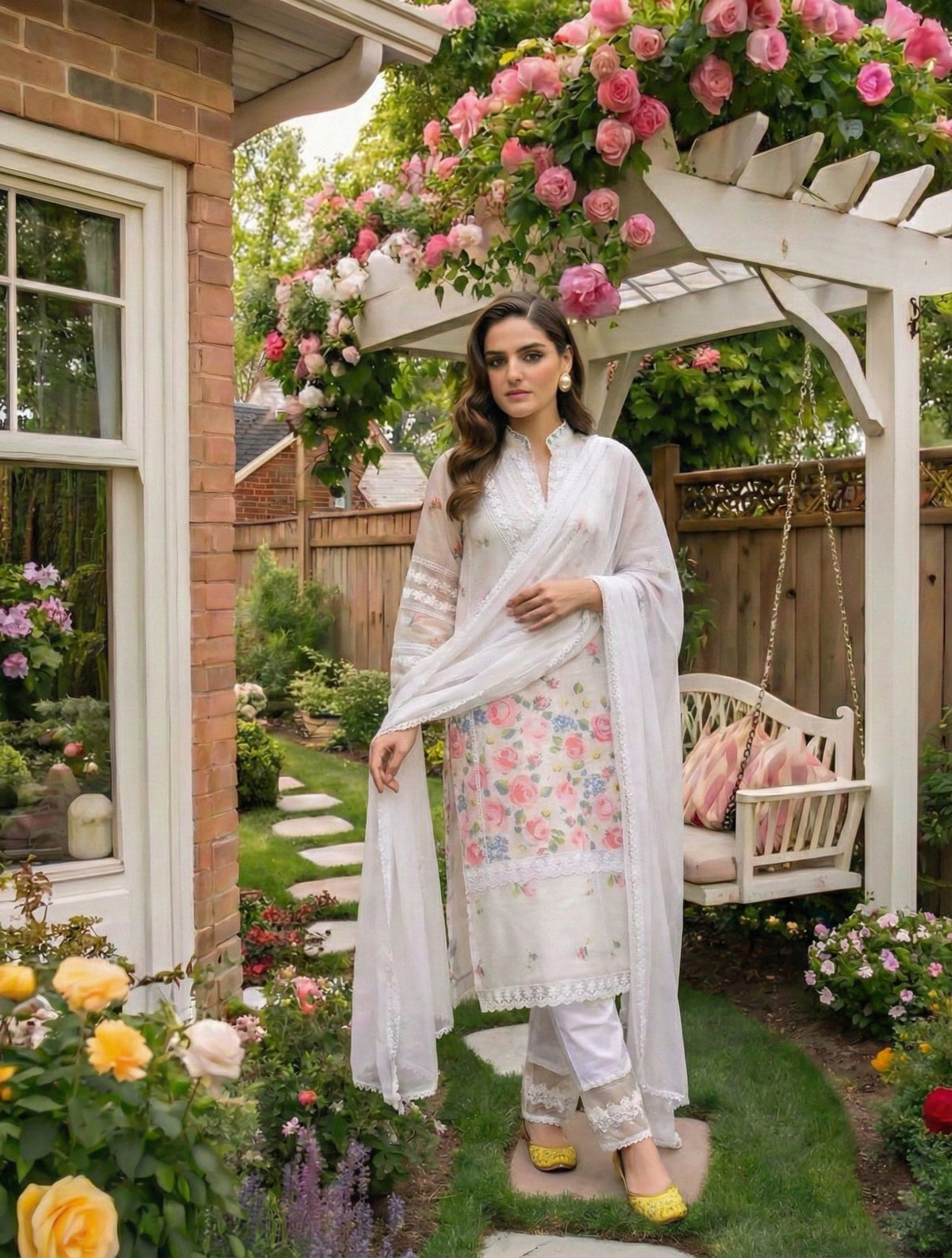 Neha Sharma Label NOOREEN ivory floral printed pure cotton kurta set with lace trims.
