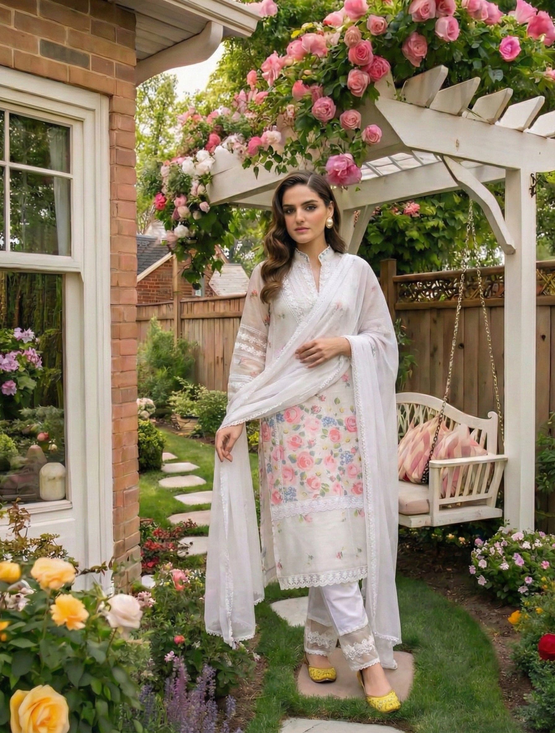 Neha Sharma Label NOOREEN ivory floral printed pure cotton kurta set with lace trims.