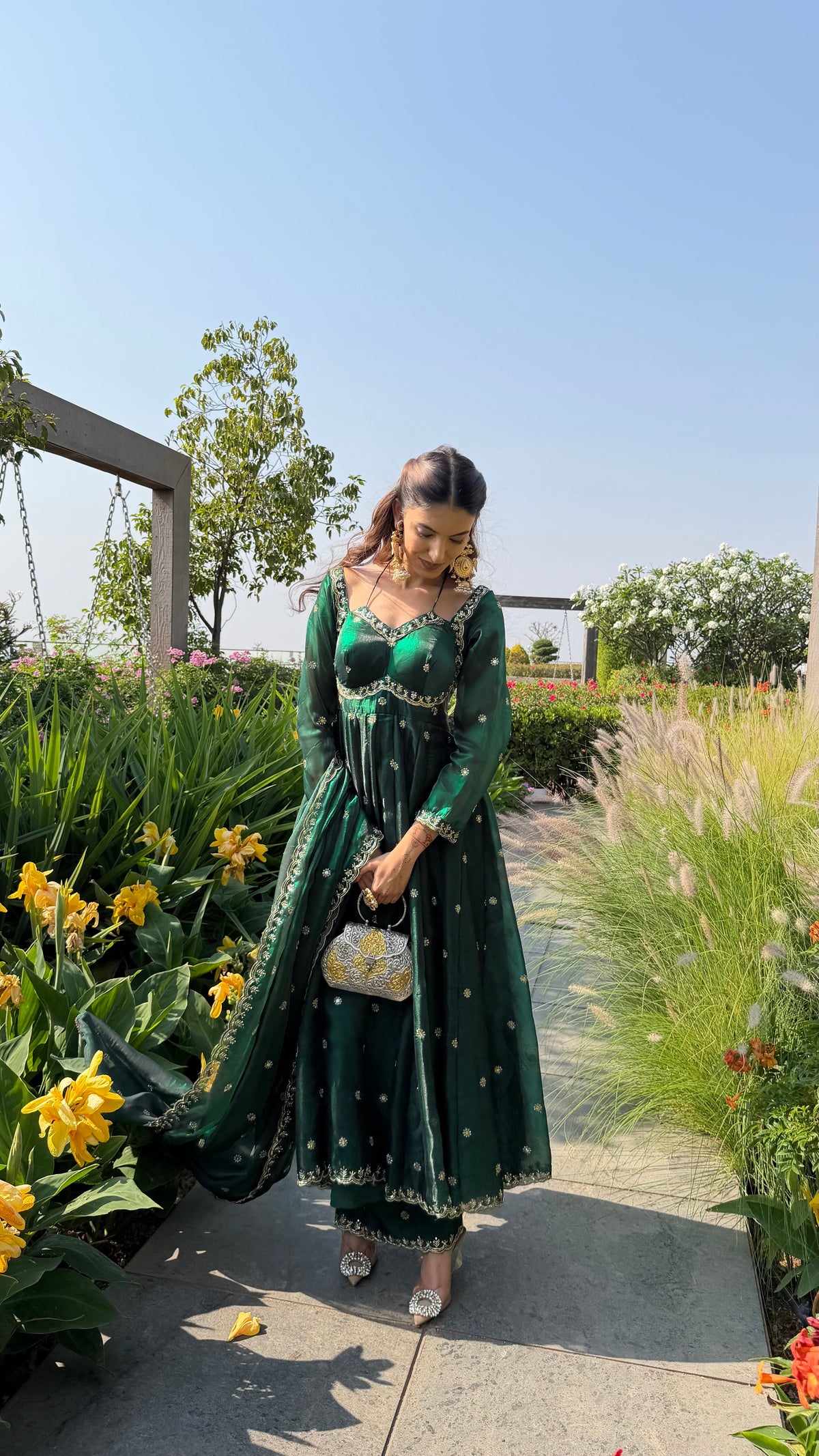 YASMIN bottle green scalloped dupatta with gold embroidered border by Neha Sharma Label.