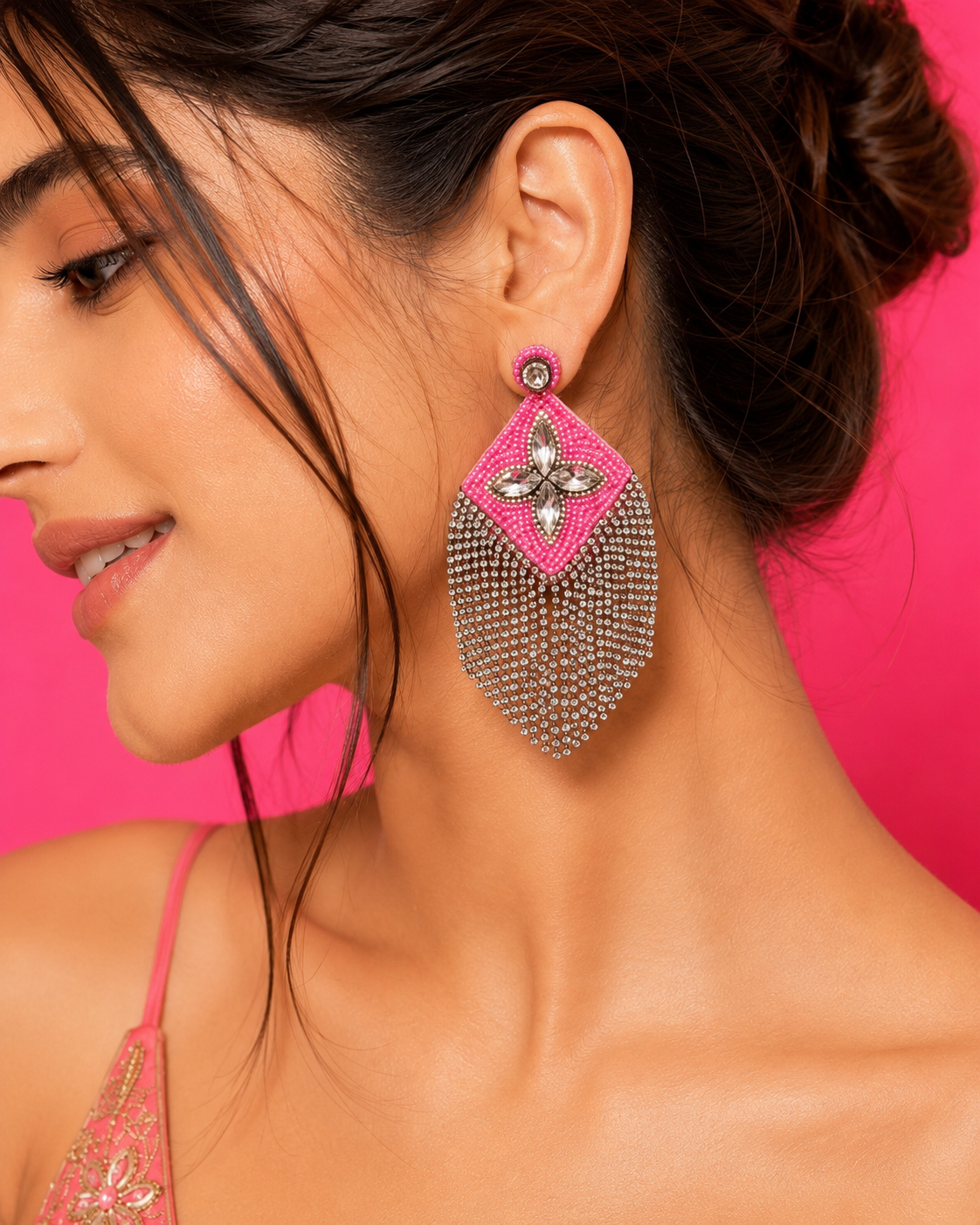 RASPBERRY ECLAIR - Pink Stone Fringe Earrings