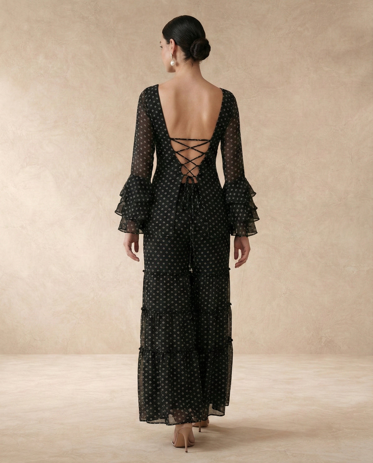 RUKSAR black bandhani print sharara set, full-length back view.