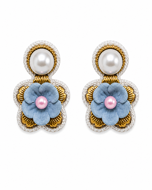 Neha Sharma Label Marshmallow Pearl drop earrings with pearl-finish dome and blue petal flower.