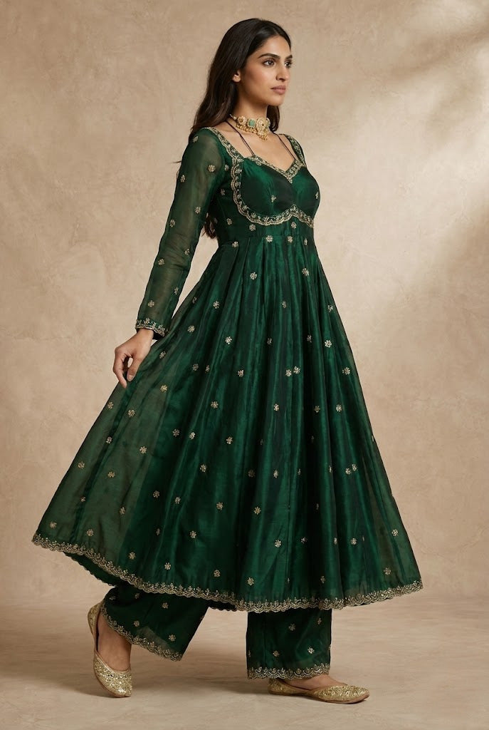 YASMIN bottle green anarkali set with gold floral butis by Neha Sharma Label, festive wear.