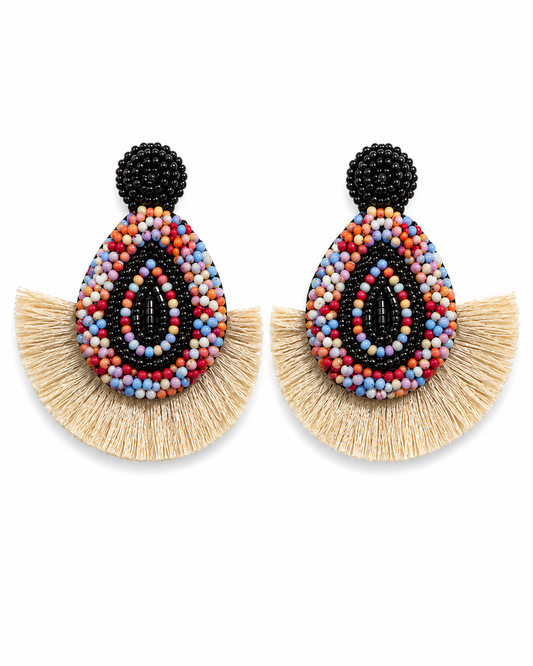 Neha Sharma Label Confetti multicolour seed bead earrings with cream thread fringe fan.