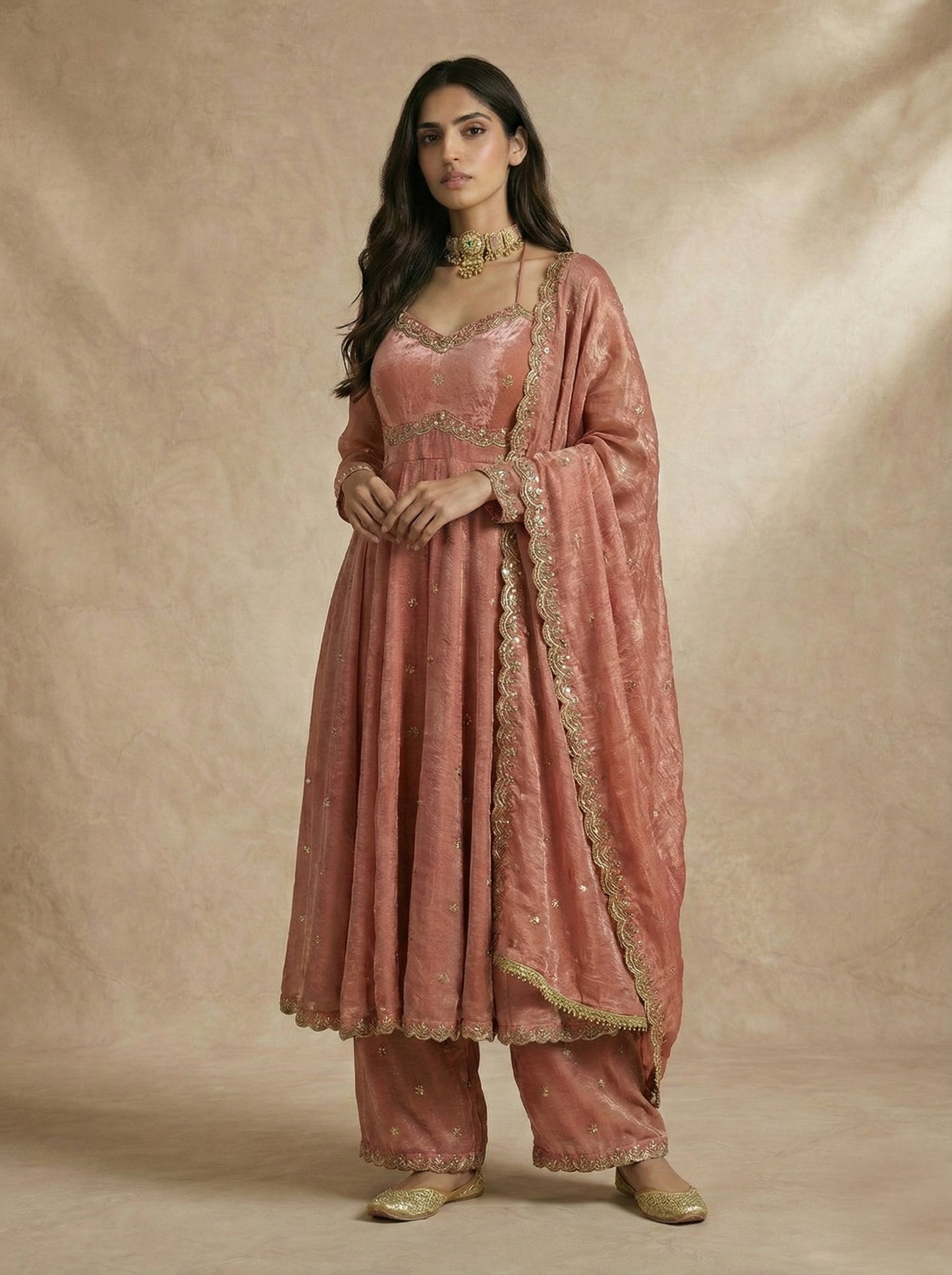 Neha Sharma Label RUHANI dusty rose silk organza anarkali set with scalloped gold borders.