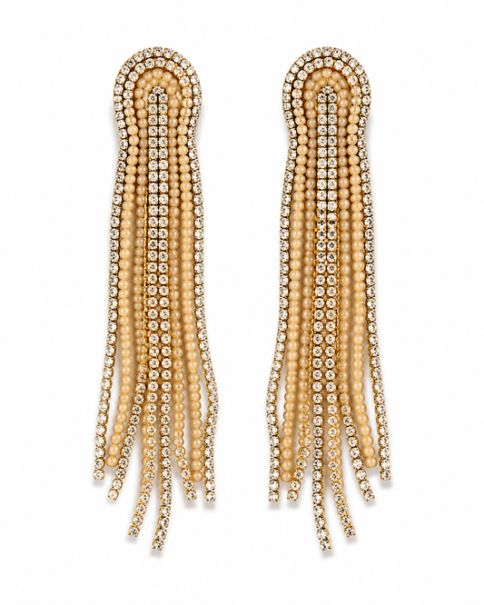 Neha Sharma Label Dulche champagne pearl-finish bead and stone chain tassel earrings.
