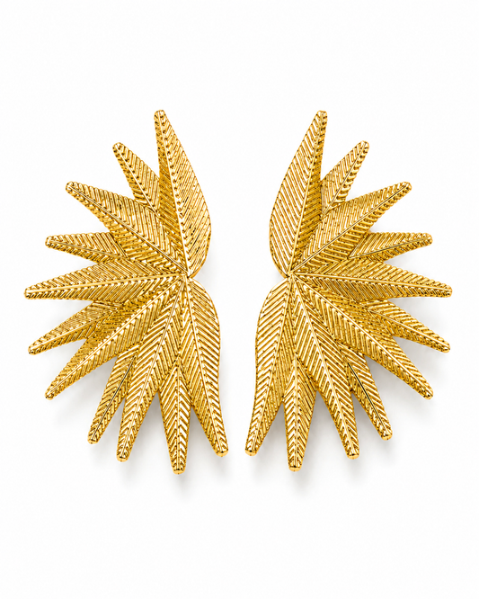 HELIAN gold-tone palm frond fan statement earrings by Neha Sharma Label, front view