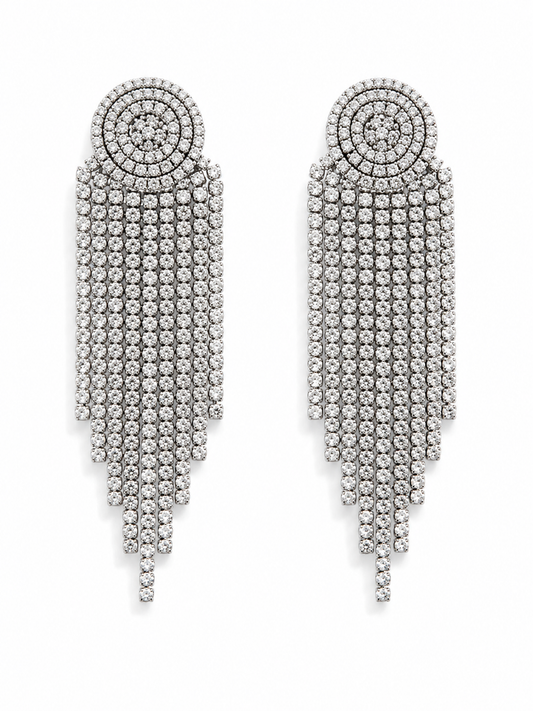 Neha Sharma Label Roche silver-tone faceted stone fringe earrings with stone-set disc top.