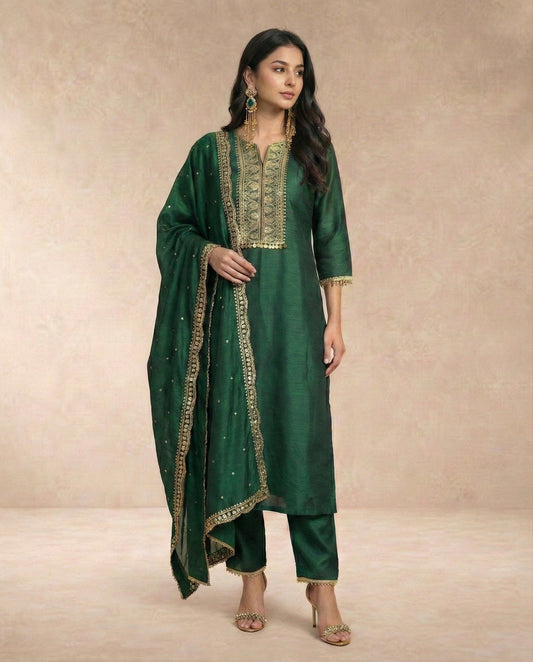 Neha Sharma Label ZAREEN bottle green raw silk kurta set with a gold embroidered bib.