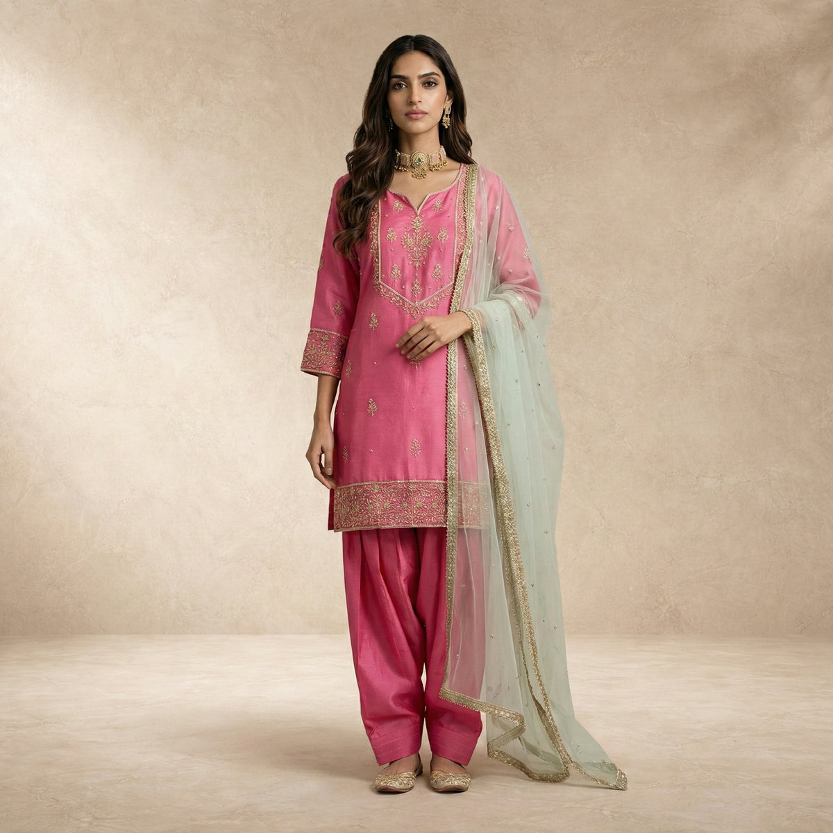 Notched round neckline with pearl-bead trim on the HANIYA pink silk kurta by Neha Sharma Label.