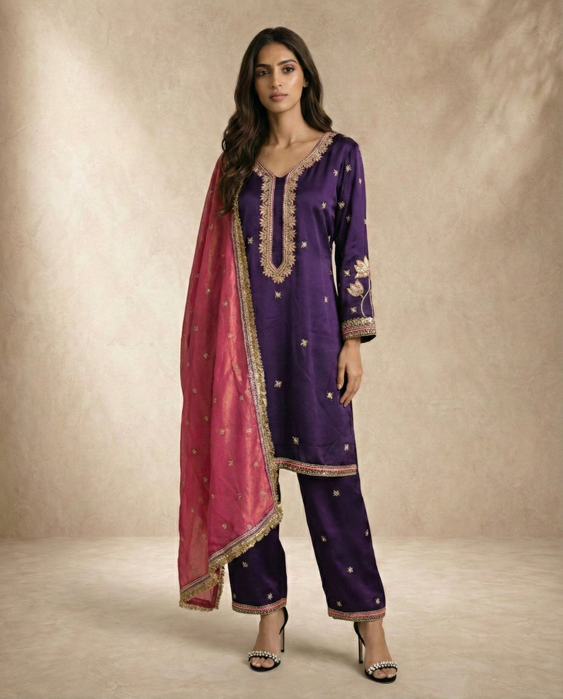 Neha Sharma Label NAZME purple silk kurta set with rose pink crushed silk dupatta.