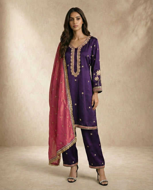 Neha Sharma Label NAZME purple silk kurta set with rose pink crushed silk dupatta.
