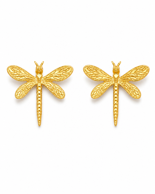 AESHNA gold-tone dragonfly statement earrings by Neha Sharma Label, front view