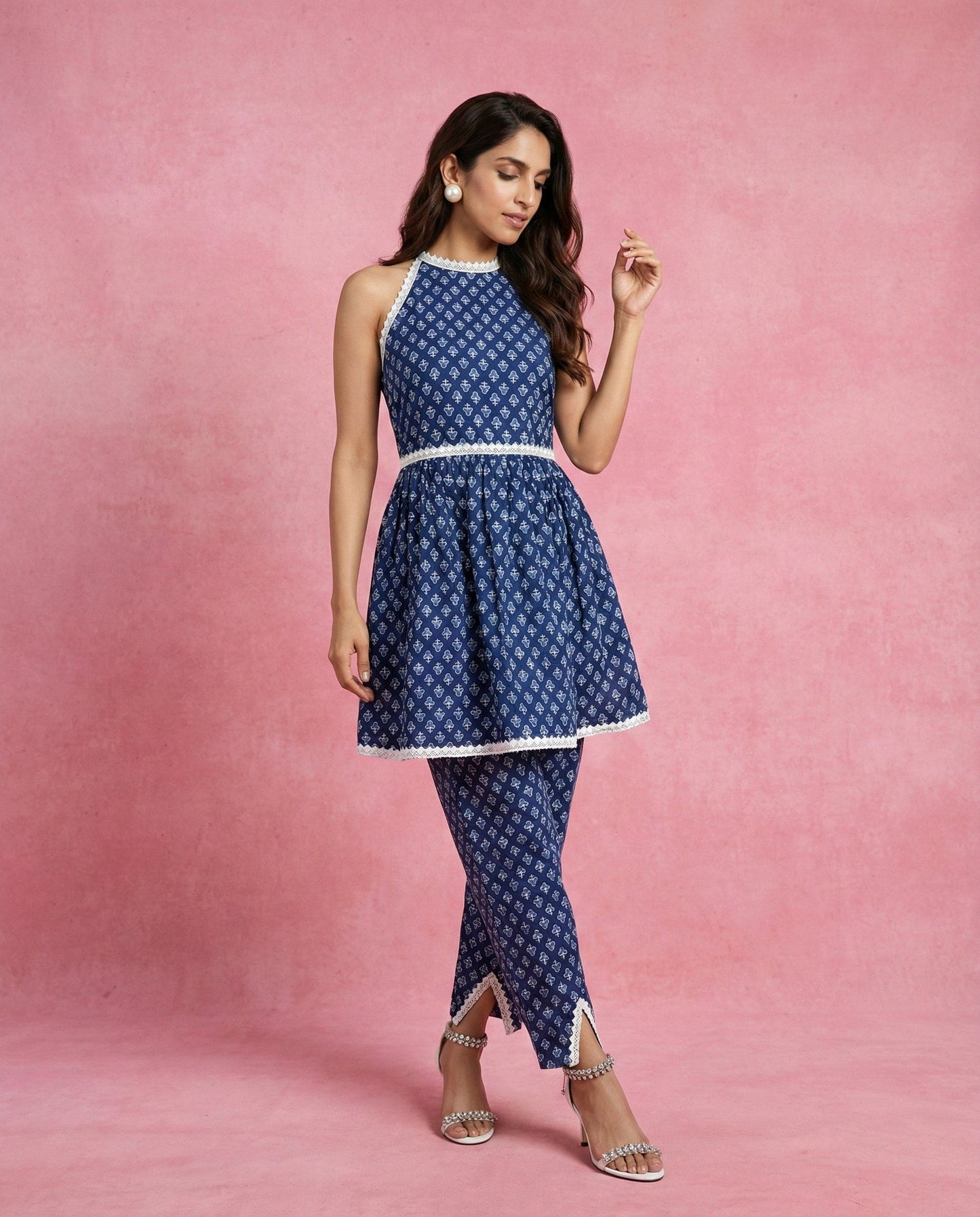 Neha Sharma Label ELIN navy printed cotton kurta set with halter neck, lace trims and tapered pants.
