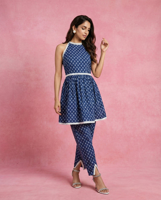 Neha Sharma Label ELIN navy printed cotton kurta set with halter neck, lace trims and tapered pants.