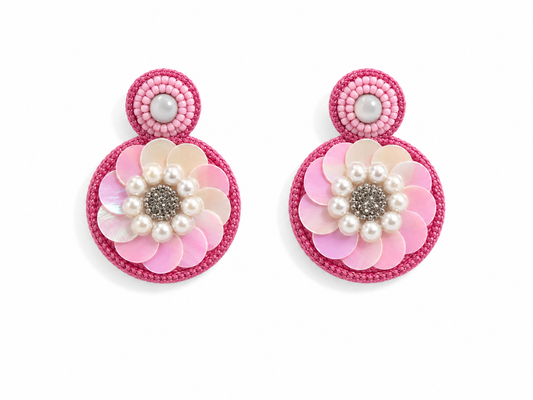 PINK BONBON - Pink Sequin Flower Drop Earrings