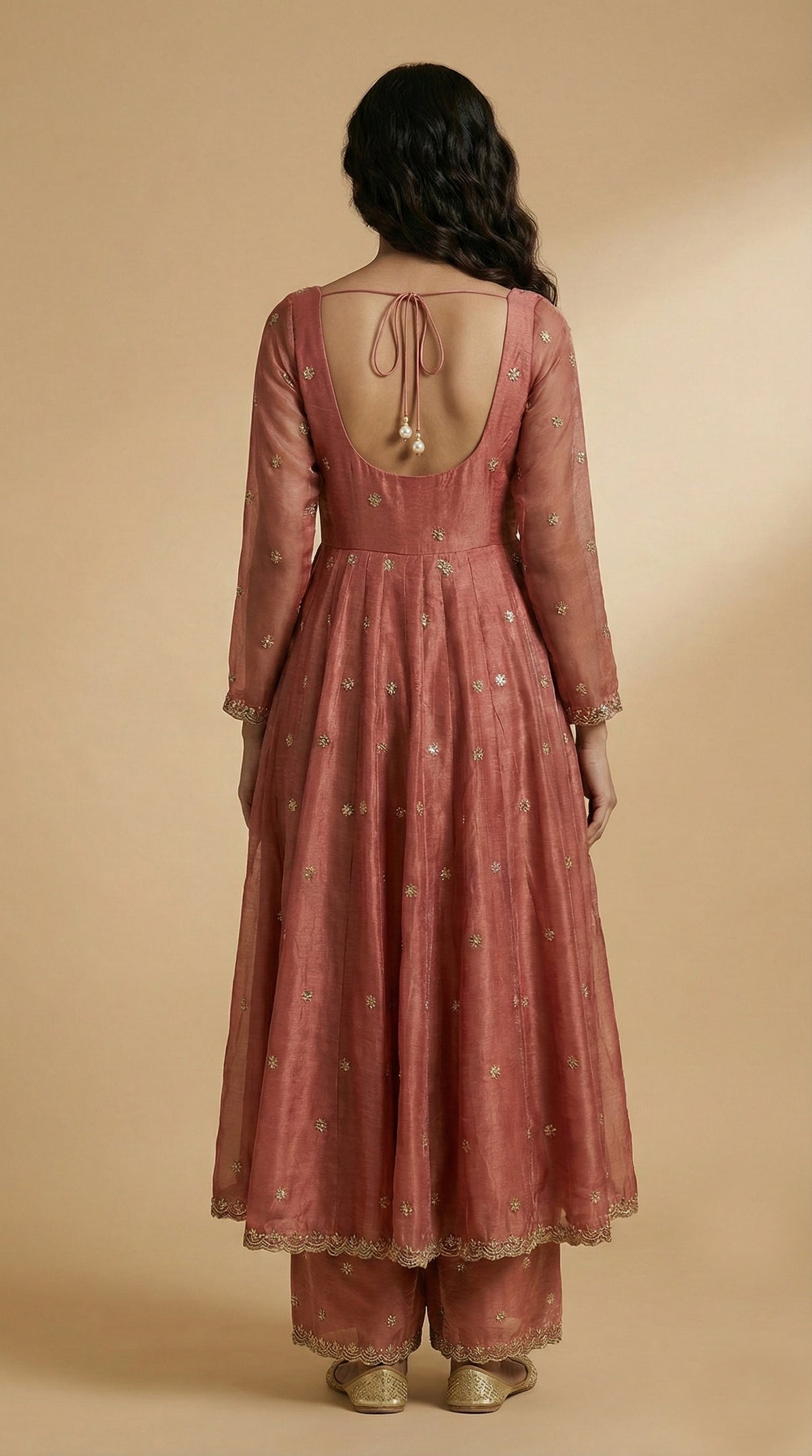 RUHANI dusty rose silk organza anarkali with wide-leg pants and dupatta by Neha Sharma Label.