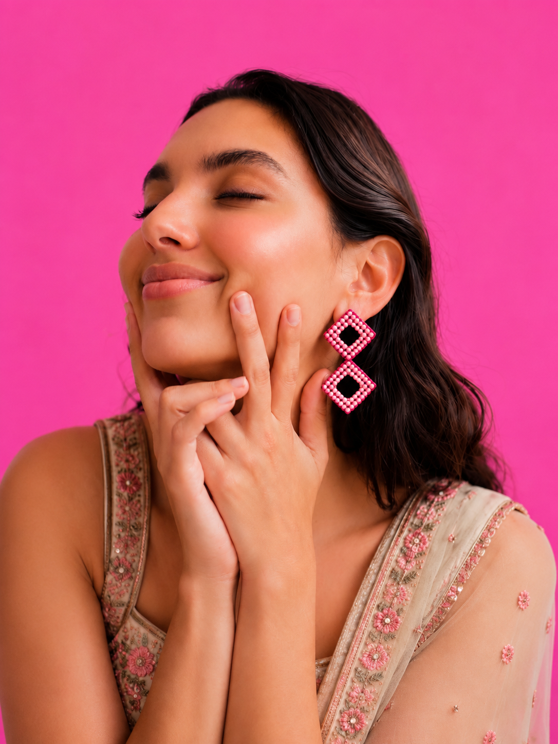 Neha Sharma Label Bubble Pop pink beaded double-diamond earrings with square mirror insets.