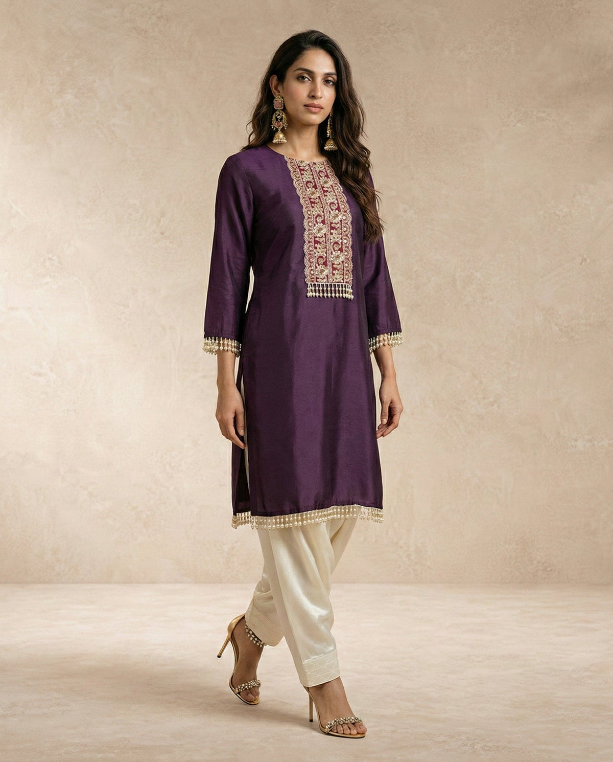 Neha Sharma Label SABA plum raw silk kurta set with gold centre panel and ivory farshi salwar.