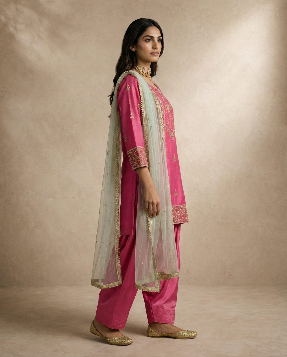HANIYA pink hand-embroidered kurta set with mint net sitara dupatta by Neha Sharma Label.