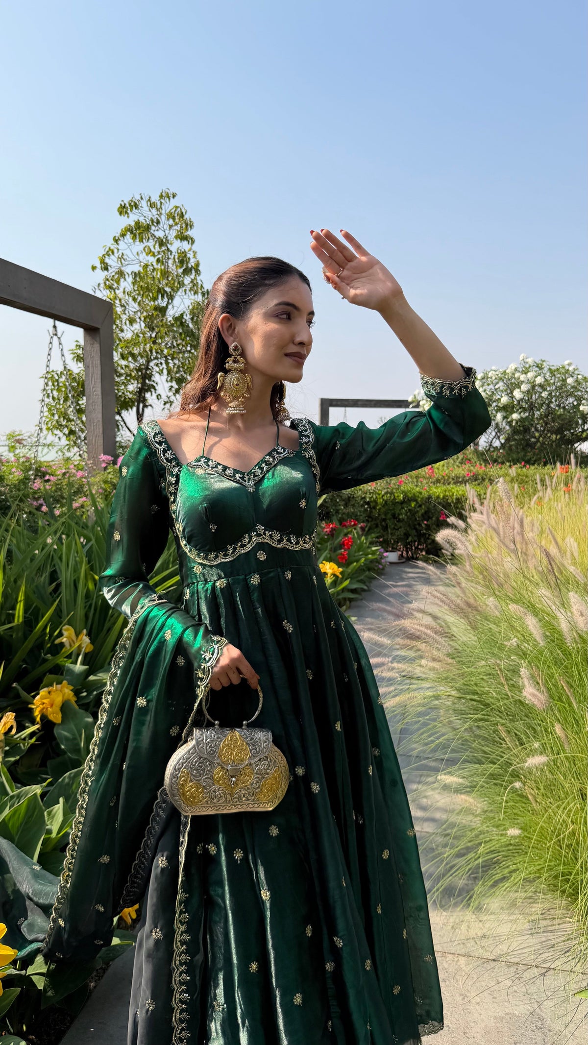 YASMIN bottle green silk organza anarkali with wide-leg pants by Neha Sharma Label.