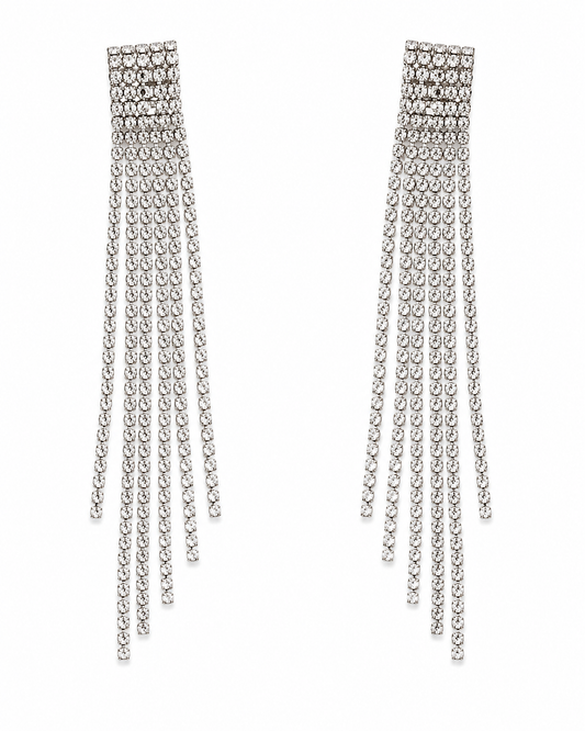 Neha Sharma Label Vanilla Frost clear faceted stone duster earrings in silver-tone chain.