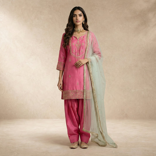 HANIYA pink silk kurta with gold hand embroidery and farshi salwar by Neha Sharma Label.