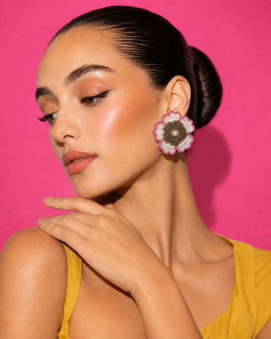 ROSE TRUFFLE - Beaded Flower Stud Earrings