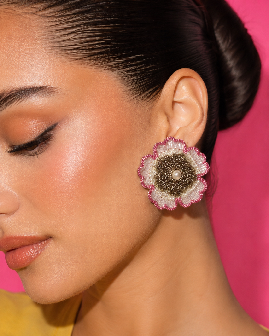 ROSE TRUFFLE - Beaded Flower Stud Earrings
