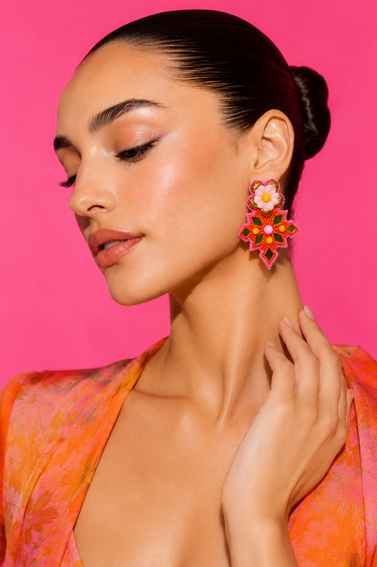 Neha Sharma Label Orange Boom beaded star earrings with green mirror diamonds and silk flower.