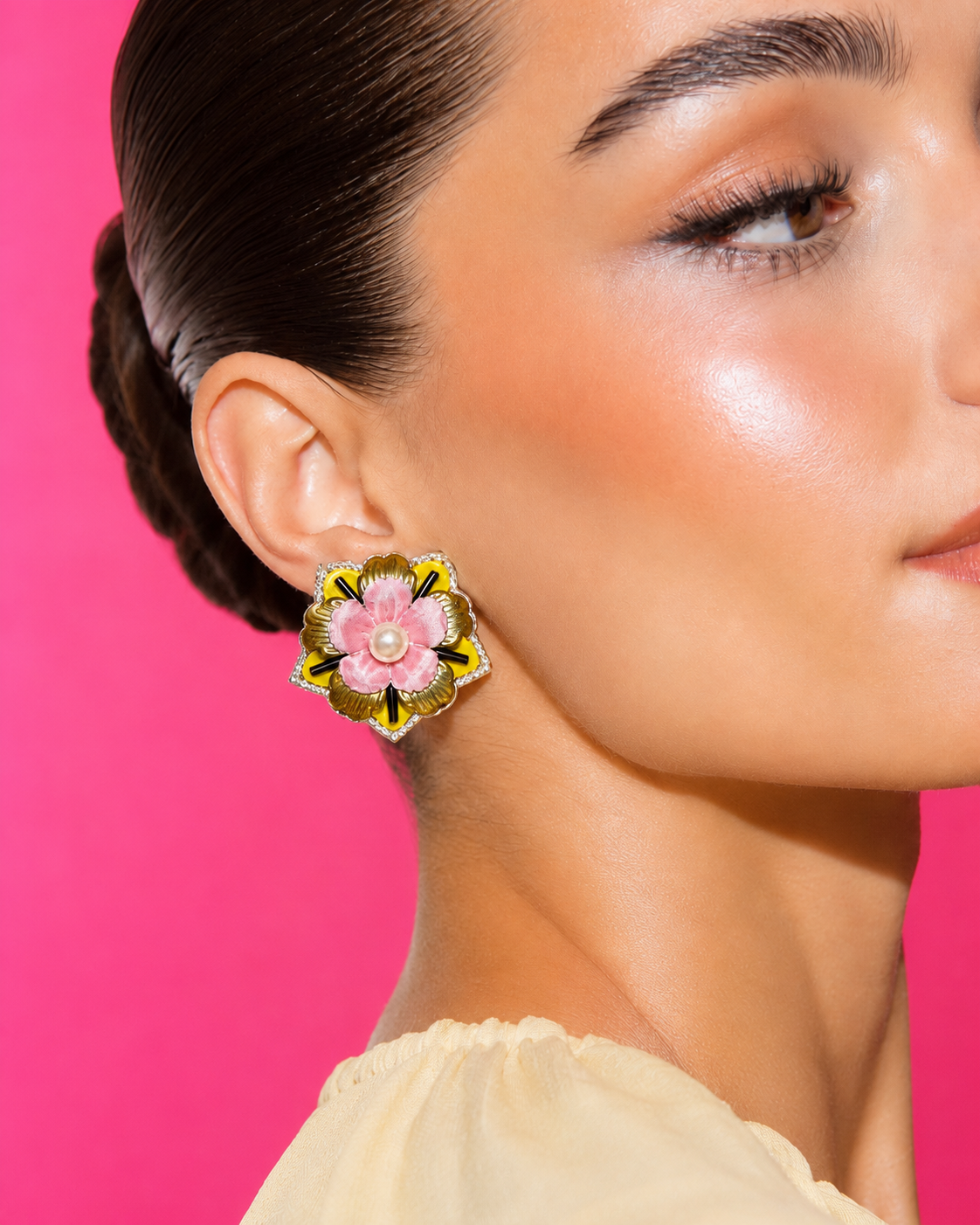 CUPCAKE - Pink and Yellow Flower Stud Earrings