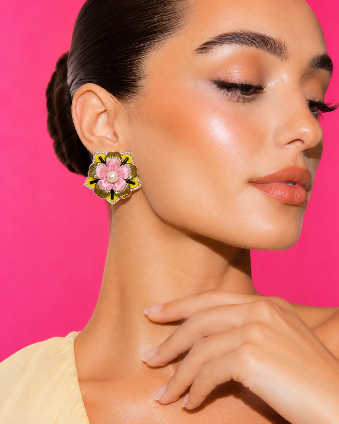 CUPCAKE - Pink and Yellow Flower Stud Earrings