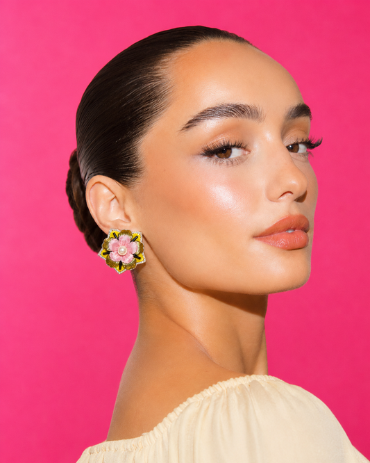 Neha Sharma Label Cupcake silk flower stud earrings on a textured silver-tone star base.