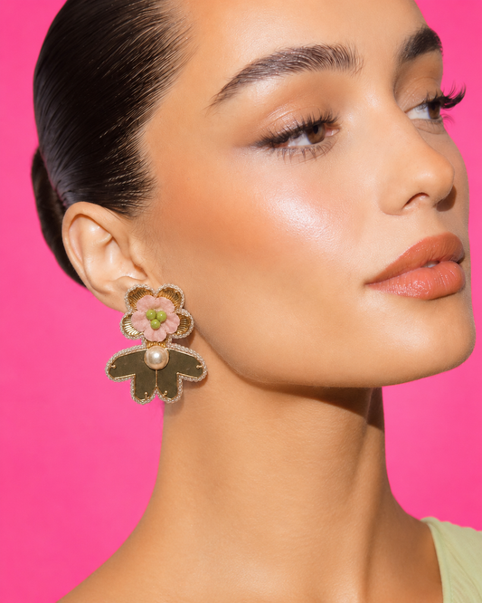 Neha Sharma Label Pistachio green petal drop earrings with blush silk flower and mirror panel.
